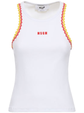 MSGM: Cotton jersey logo & profile tank top - Optic White - women_0 | Luisa Via Roma