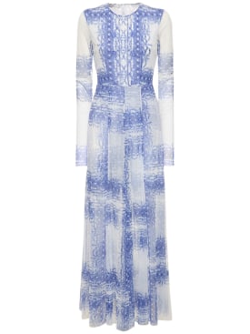 Philosophy Di Lorenzo Serafini: Printed tulle long dress - Beyaz/Mavi - women_0 | Luisa Via Roma