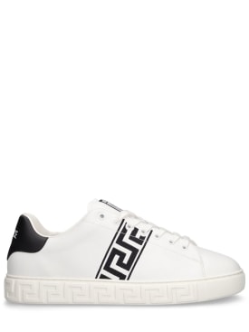 Versace: Faux leather logo sneakers - White/Black - men_0 | Luisa Via Roma
