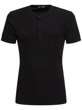 Tom Ford: Geripptes Henley-T-Shirt aus Baumwolle & Lyocell - Schwarz - men_0 | Luisa Via Roma