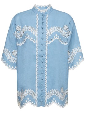 Zimmermann: Junie embroidered cotton shirt - Blue - women_0 | Luisa Via Roma