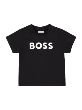 Boss: T-shirt en jersey de coton à imprimé logo - Noir - kids-boys_0 | Luisa Via Roma