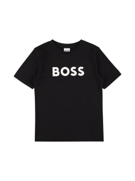 Boss: T-shirt en jersey de coton à imprimé logo - Noir - kids-boys_0 | Luisa Via Roma