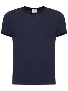 Courreges: Bumpy对比色平纹针织T恤 - 海军蓝/黑色 - men_0 | Luisa Via Roma