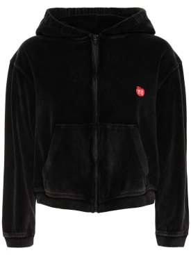 Alexander Wang: Cropped zip up cotton hoodie w/ logo - Black - women_0 | Luisa Via Roma