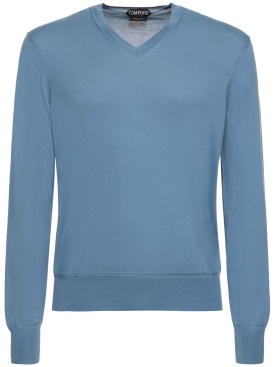 Tom Ford: Superfine cotton V neck sweater - Denim  Blue - men_0 | Luisa Via Roma