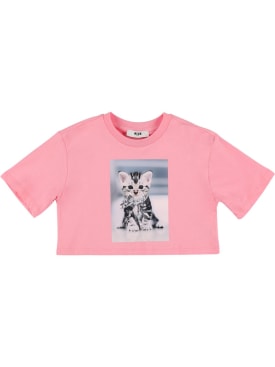 MSGM: 印花棉质平纹针织短款T恤 - 粉色 - kids-girls_0 | Luisa Via Roma