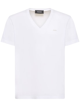 Dsquared2: V-neck logo cotton jersey t-shirt - White - men_0 | Luisa Via Roma