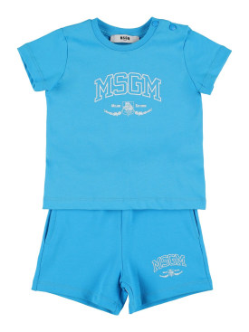 MSGM: 棉质平纹针织T恤&短裤 - 浅蓝色 - kids-boys_0 | Luisa Via Roma