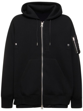 Sacai: Cotton sweat & nylon twill hoodie - Black - men_0 | Luisa Via Roma