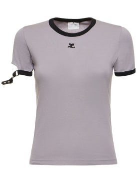 Courreges: Buckle contrast cotton t-shirt - Grey - women_0 | Luisa Via Roma