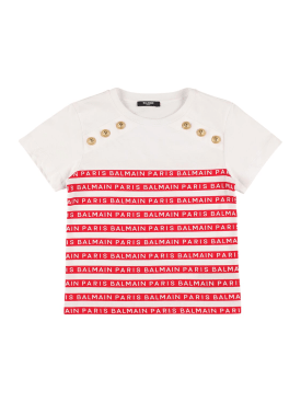 Balmain: 有机棉平纹针织T恤 - 白色/红色 - kids-girls_0 | Luisa Via Roma