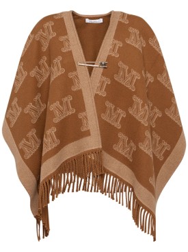 Max Mara: Frine logo jacquard wool cape - Brown - women_0 | Luisa Via Roma