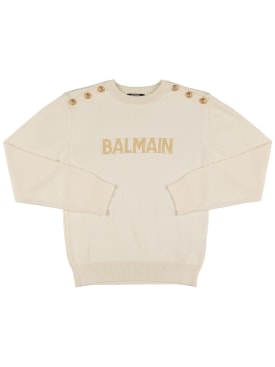 Balmain: Cotton & viscose knit logo sweater - White - kids-girls_0 | Luisa Via Roma
