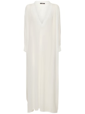 Balmain: 亮面平纹针织长款V领罩衫式连衣裙 - 白色 - women_0 | Luisa Via Roma