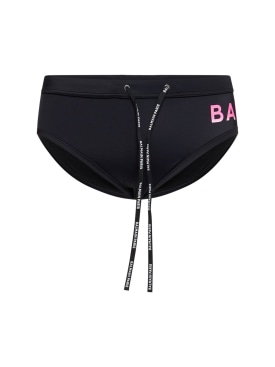Balmain: Balmain logo弹力科技织物泳裤 - 黑色/粉色 - men_0 | Luisa Via Roma