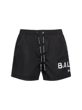 Balmain: Bañador shorts de techno - Negro/Blanco - men_0 | Luisa Via Roma