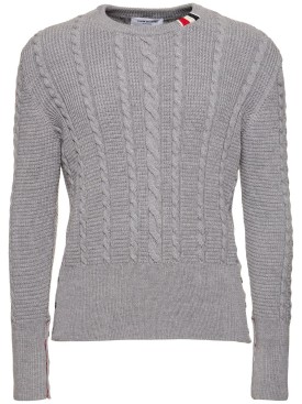 Thom Browne: Cable knit relaxed crewneck sweater - Lt Grey - men_0 | Luisa Via Roma
