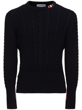 Thom Browne: Cable knit relaxed crewneck sweater - Navy - men_0 | Luisa Via Roma