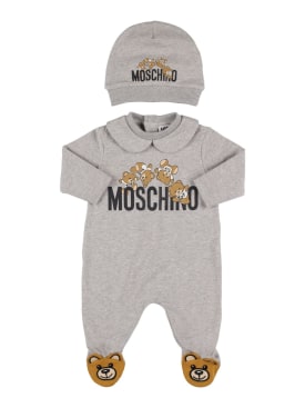 Moschino: Cotton jersey romper & hat - Grey - kids-girls_0 | Luisa Via Roma