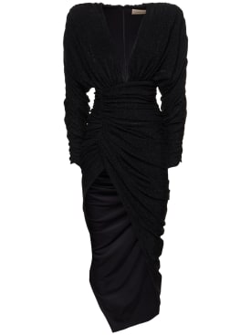 Alexandre Vauthier: 垂褶金银丝平纹针织长款连衣裙 - 黑色 - women_0 | Luisa Via Roma