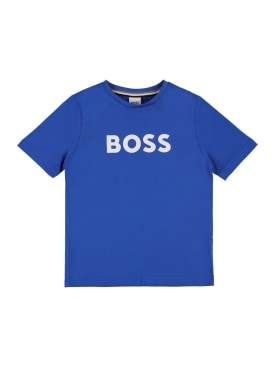 Boss: T-shirt en jersey de coton à imprimé logo - Bleu - kids-boys_0 | Luisa Via Roma