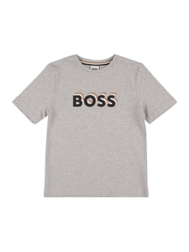 Boss: Logo print cotton jersey t-shirt - Grey - kids-boys_0 | Luisa Via Roma