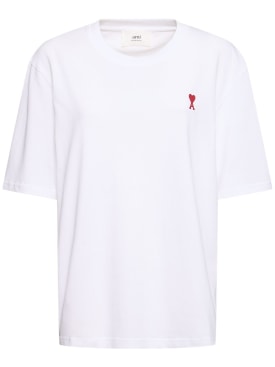 AMI Paris: Red Ami De Coeur棉质平纹针织T恤 - 白色 - women_0 | Luisa Via Roma