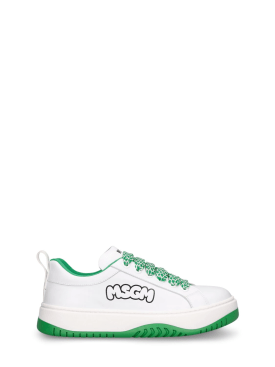 MSGM: Logo print leather lace-up sneakers - White/Green - kids-boys_0 | Luisa Via Roma