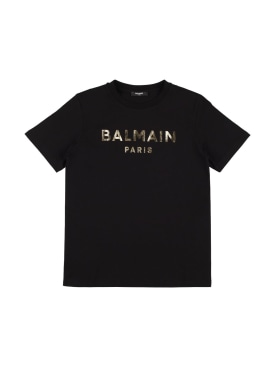 Balmain: Logo棉质平纹针织T恤 - 黑色/金色 - kids-boys_0 | Luisa Via Roma