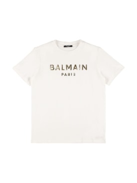 Balmain: Logo棉质平纹针织T恤 - 白色/金色 - kids-boys_0 | Luisa Via Roma