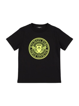 Balmain: Printed cotton jersey t-shirt - Black/Yellow - kids-boys_0 | Luisa Via Roma