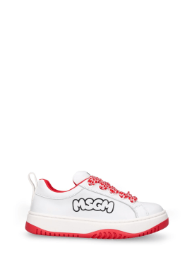 MSGM: Logo print leather lace-up sneakers - White/Red - kids-boys_0 | Luisa Via Roma