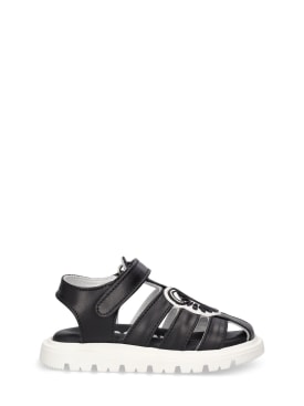 Moschino: Logo print leather sandals w/teddy patch - Black - kids-boys_0 | Luisa Via Roma