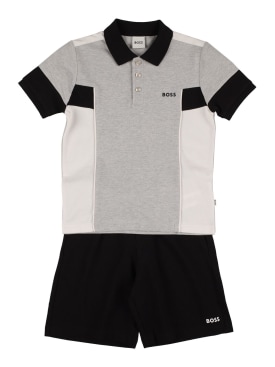 Boss: Cotton piqué polo shirt & shorts - Grey/Black - kids-boys_0 | Luisa Via Roma