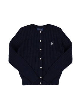 Polo Ralph Lauren: Cable knit cotton cardigan w/ logo - Dark Blue - kids-girls_0 | Luisa Via Roma