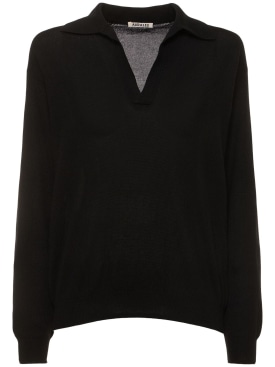 AURALEE: Fine cashmere & silk knit polo sweater - Black - women_0 | Luisa Via Roma