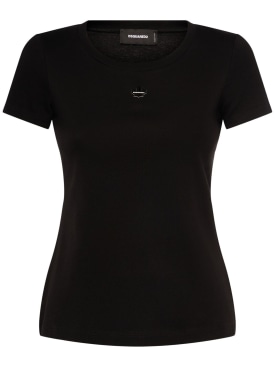 Dsquared2: T-shirt en coton côtelé - Noir - women_0 | Luisa Via Roma