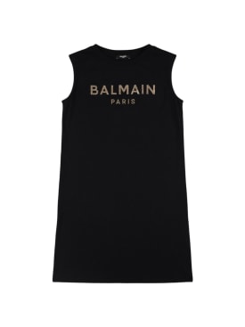 Balmain: 装饰logo棉质平纹针织连衣裙 - 黑色/金色 - kids-girls_0 | Luisa Via Roma