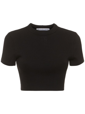 Alexander Wang: Cropped short sleeve cotton t-shirt - Black - women_0 | Luisa Via Roma