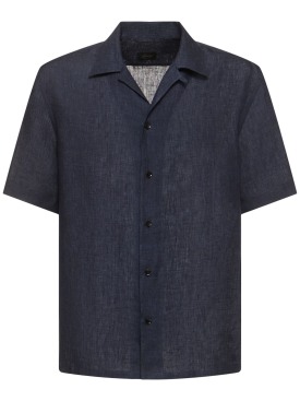 Brioni: Short sleeve linen shirt - Navy - men_0 | Luisa Via Roma