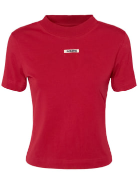 Jacquemus: T-shirt à logo Le Tshirt Gros Grain - Rouge - women_0 | Luisa Via Roma