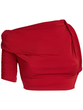 Jacquemus: Crop top en jersey Le Haut Drapeado - Rouge Foncé - women_0 | Luisa Via Roma