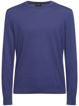 Zegna: Suéter de algodón con cuello redondo - Utility Blue - men_0 | Luisa Via Roma