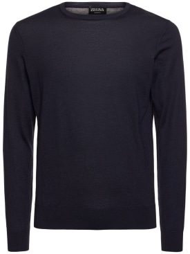 Zegna: Cashmere & silk crewneck sweater - Navy - men_0 | Luisa Via Roma