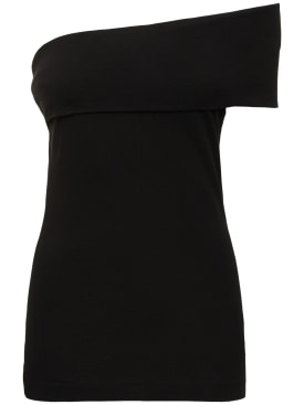 MSGM: 垂褶棉质平纹针织单肩上衣 - 黑色 - women_0 | Luisa Via Roma