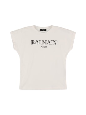Balmain: T-shirt en jersey de coton imprimé logo - Blanc/Noir - kids-girls_0 | Luisa Via Roma