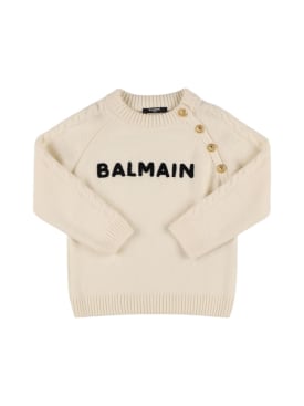 Balmain: Wool blend knit sweater w/ buttons - Black/White - kids-girls_0 | Luisa Via Roma
