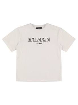 Balmain: Camiseta de jersey de algodón con logo - Negro - kids-girls_0 | Luisa Via Roma