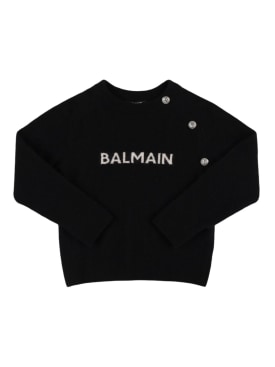 Balmain: Logo羊毛混纺针织毛衣 - 白色/黑色 - kids-girls_0 | Luisa Via Roma